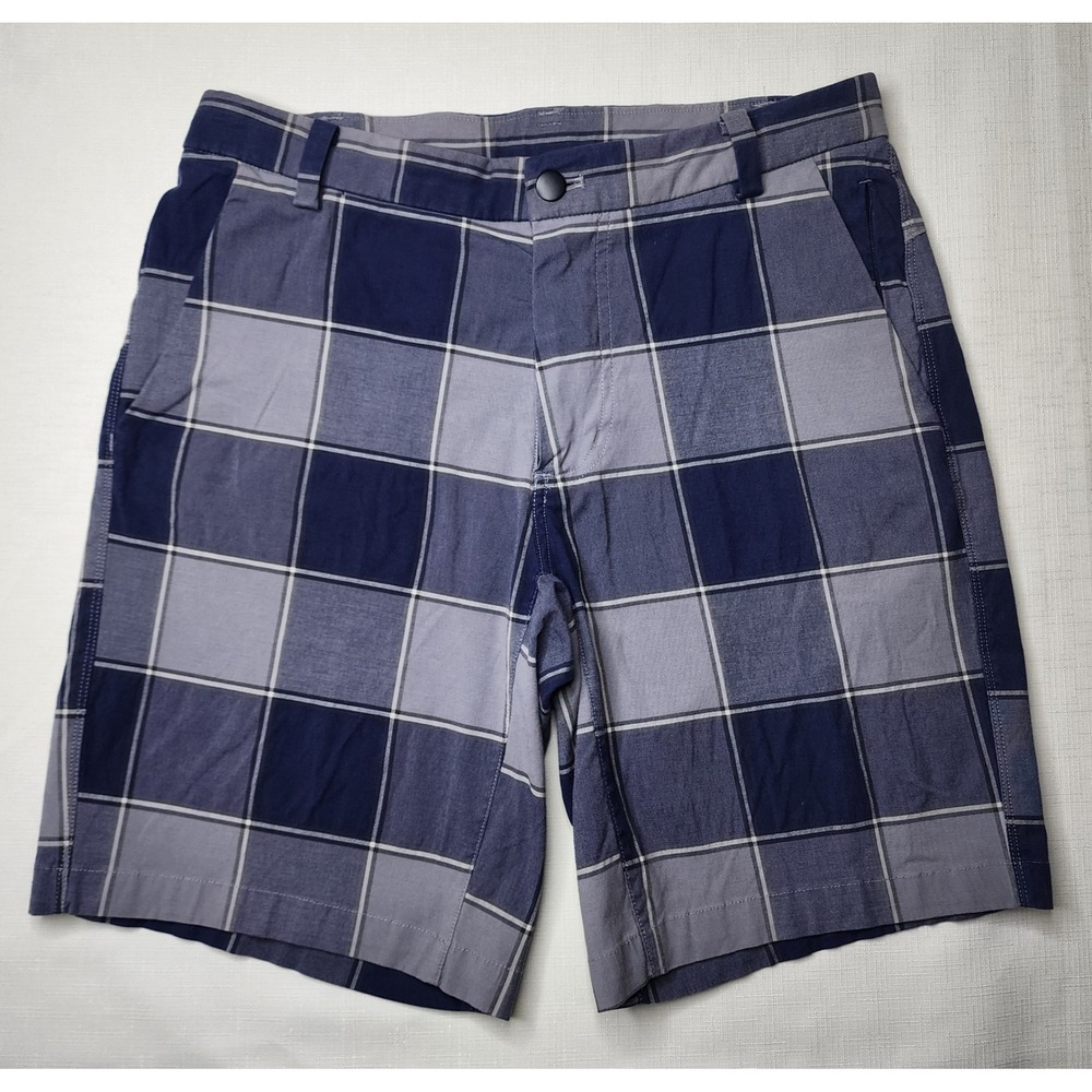 Lululemon Mens 32 Commission Shorts Blue Gray Plaid Preppy Casual Golf Stretch